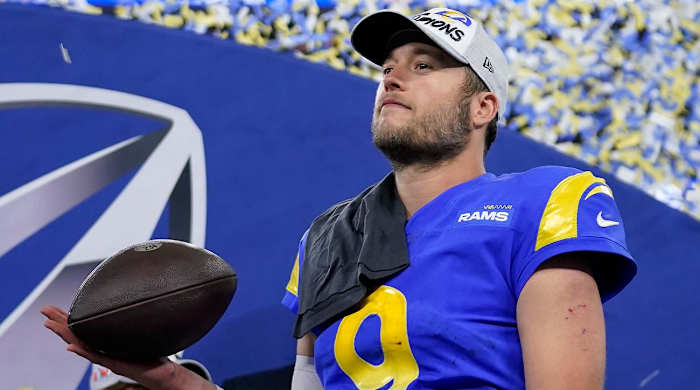 Los Angeles Rams' Matthew Stafford celebrates after the NFC Championship NFL football game against the San Francisco 49ers Sunday, Jan. 30, 2022, in Inglewood, Calif. The Rams won 20-17 to advance to the Super Bowl.
